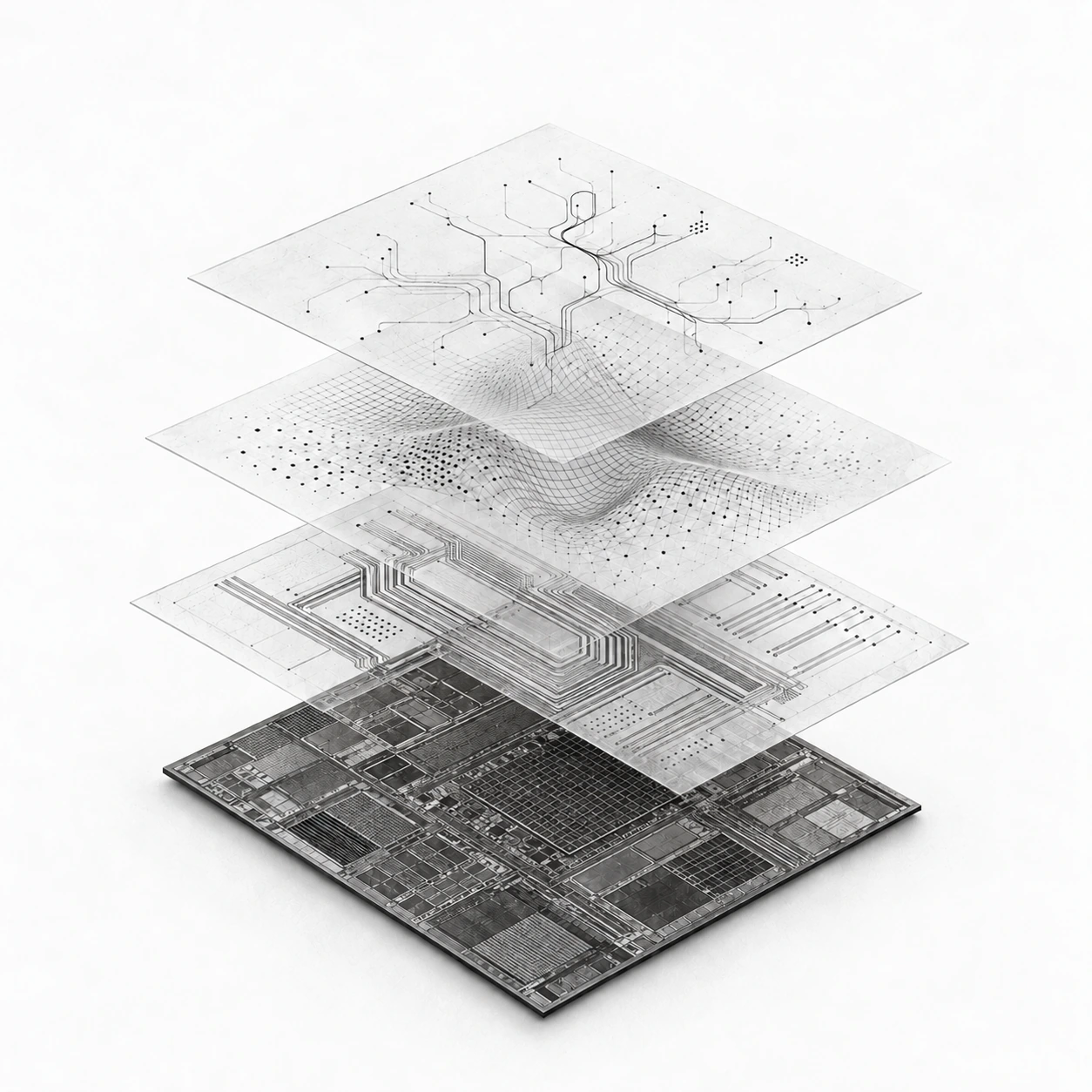 Monochrome architecture rising from silicon and infrastructure through models to an abstract agent network with branching tasks and feedback loops